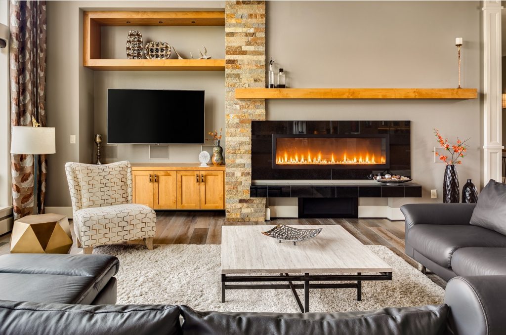 Modern living room with tv and fireplace
