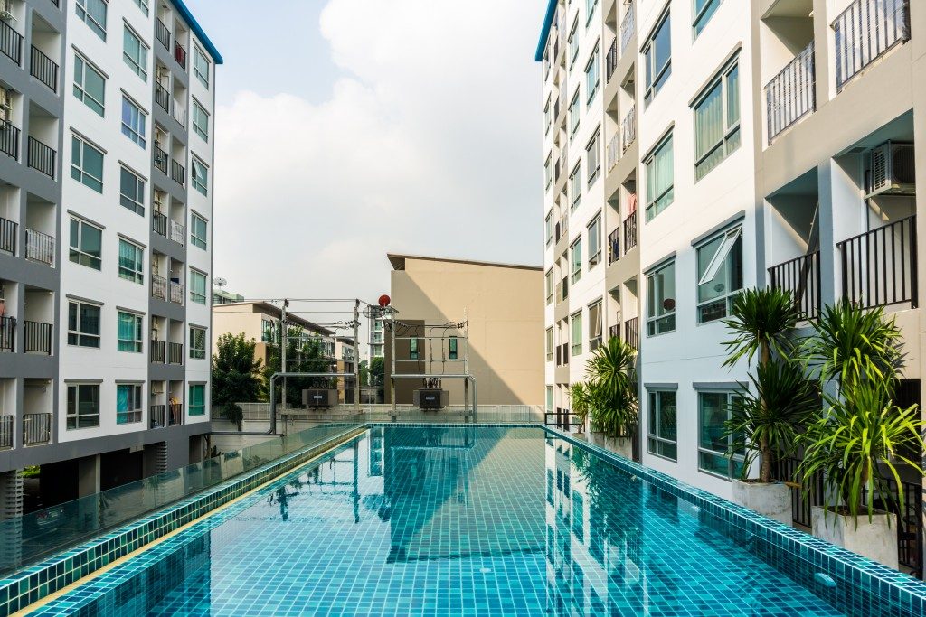 Swimming pool near townhouses